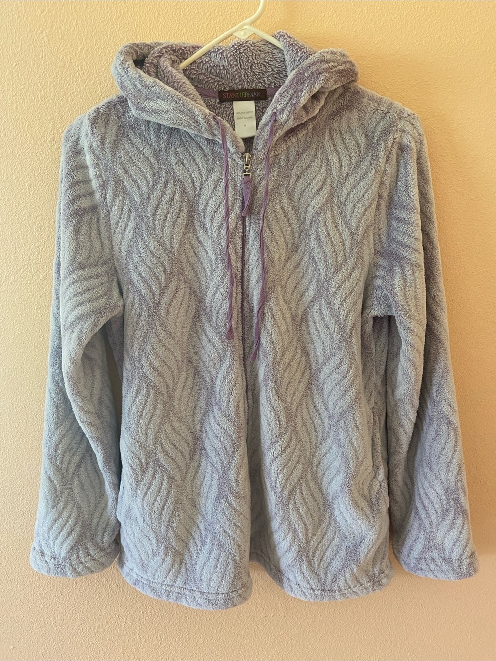 Women’s Stan Herman Soft Warm Velour Zip Up Purple Hoodie, Size Medium